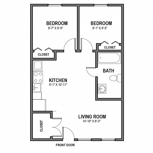 Floor plan for 2 beds, 1 bath, 640 sqft